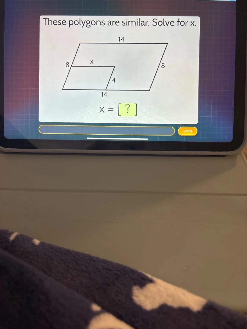 these polygons are similar. solve for x. 14 8 x 8 4 14 x = ?