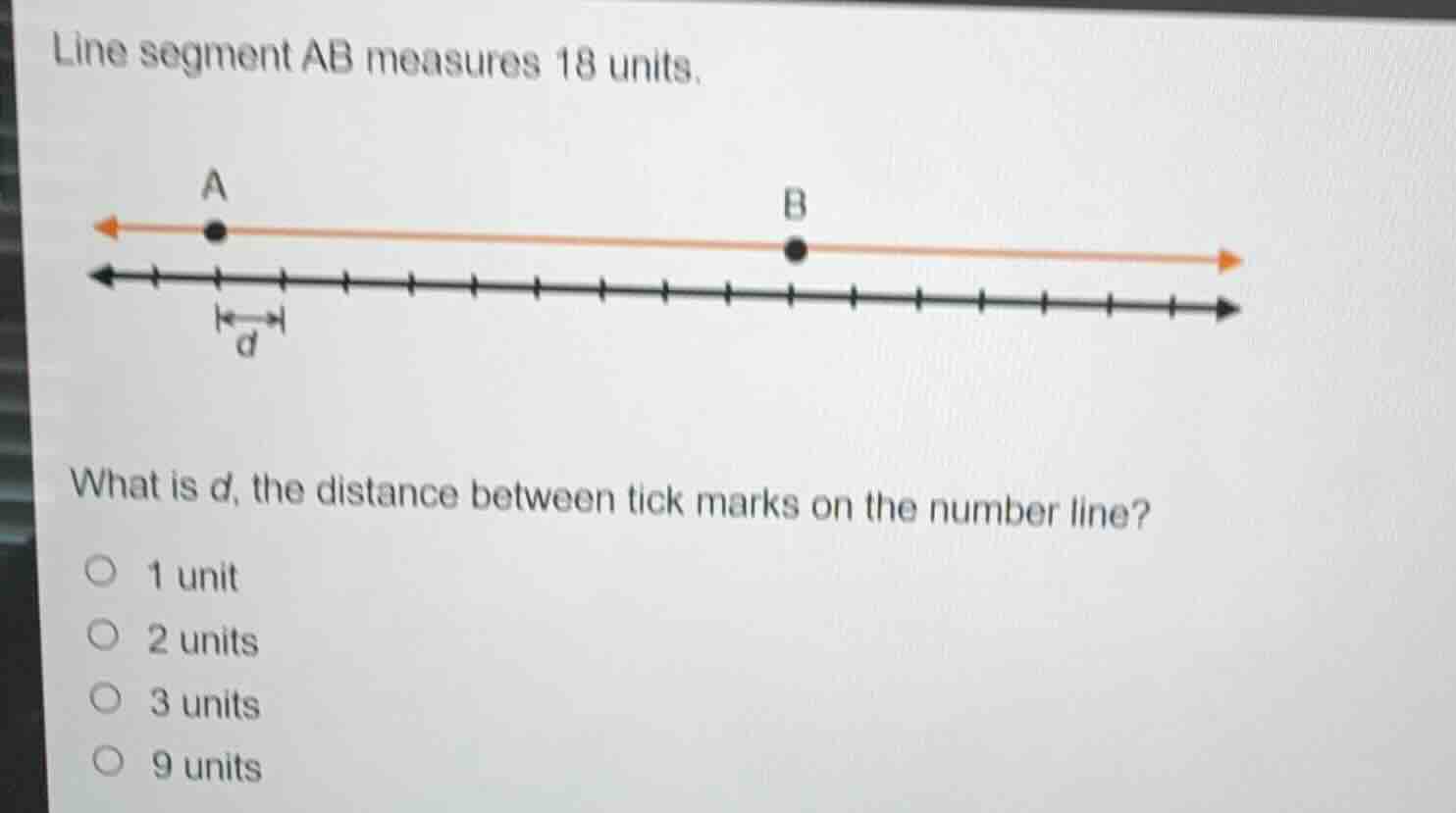 line segment ab measures 18 units. what is d, the distance between tick…