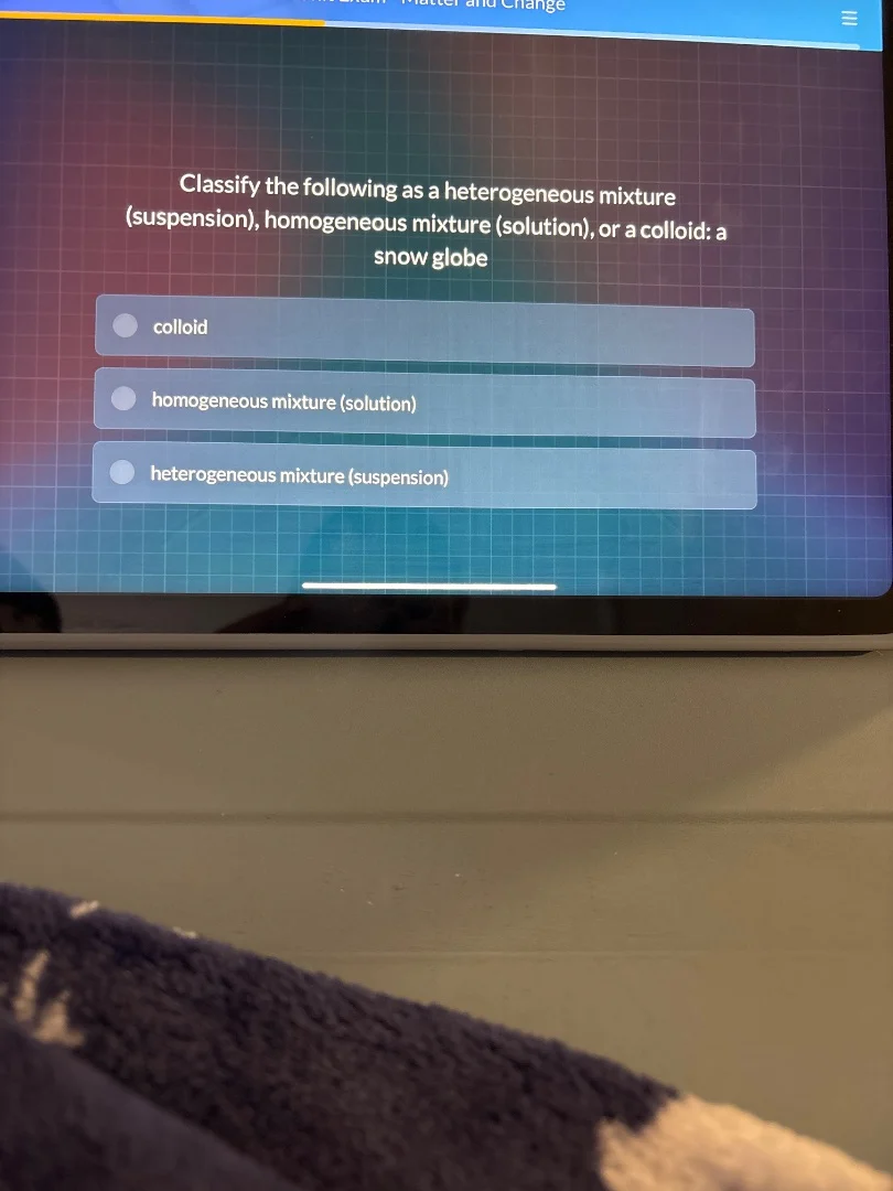 classify the following as a heterogeneous mixture (suspension), homogen…