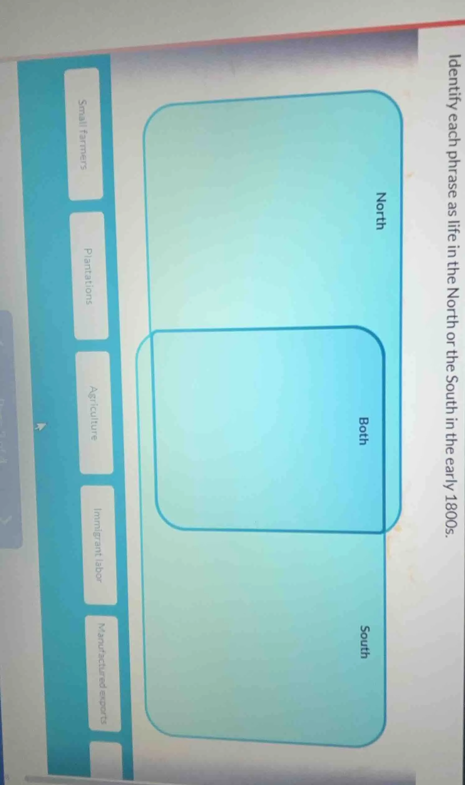 identify each phrase as life in the north or the south in the early 180…