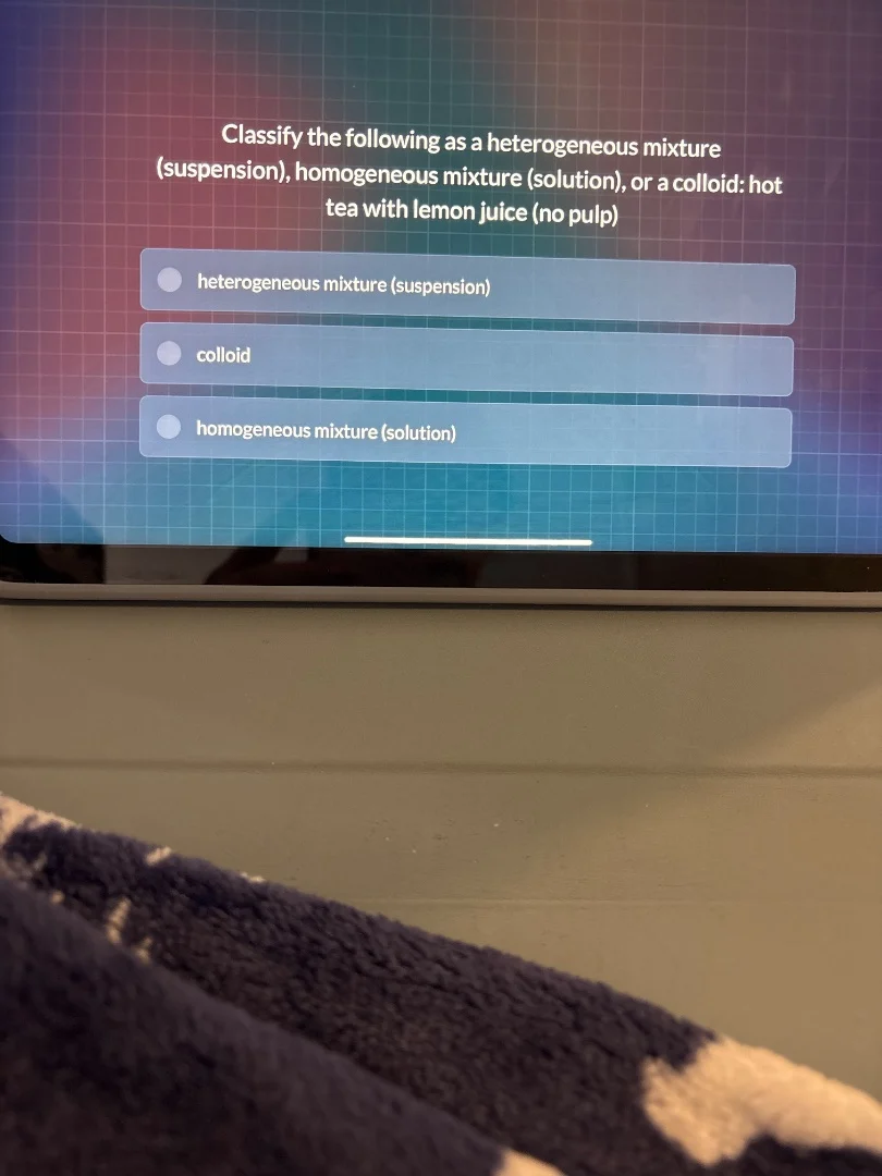 classify the following as a heterogeneous mixture (suspension), homogen…