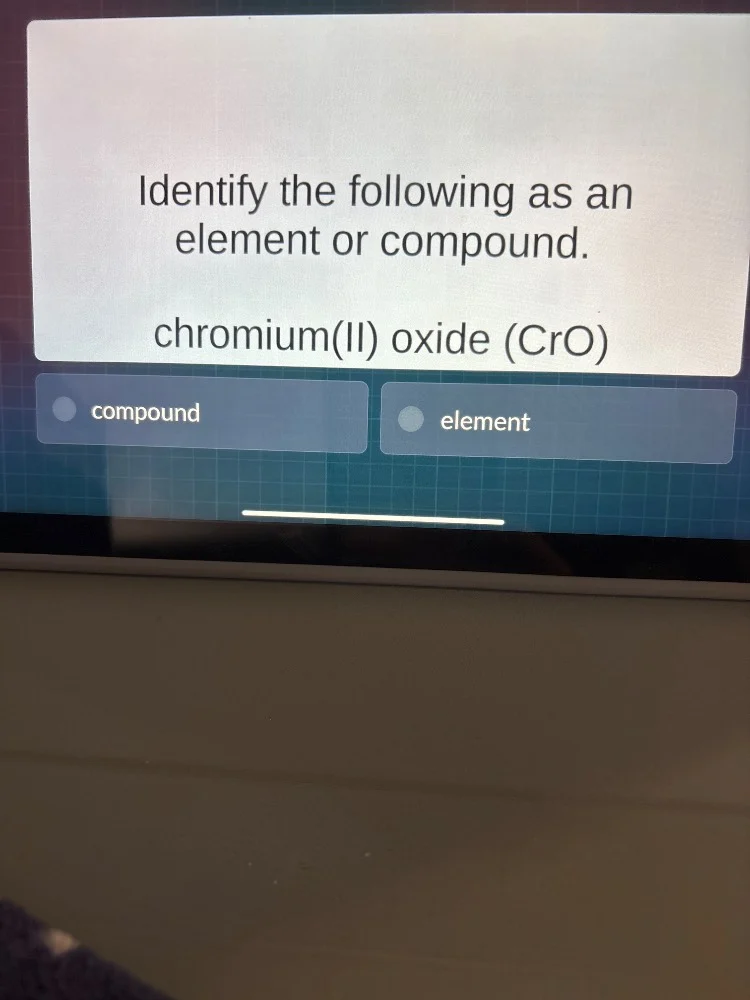 identify the following as an element or compound. chromium(ii) oxide (c…