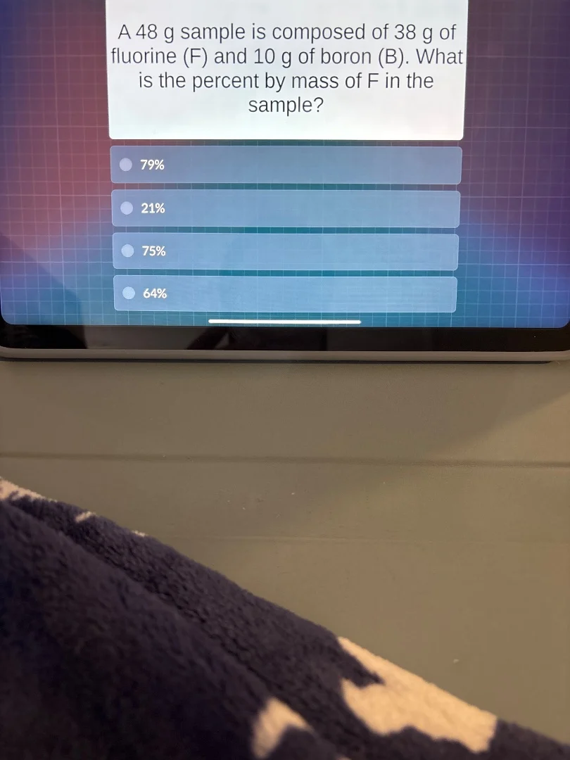 a 48 g sample is composed of 38 g of fluorine (f) and 10 g of boron (b)…