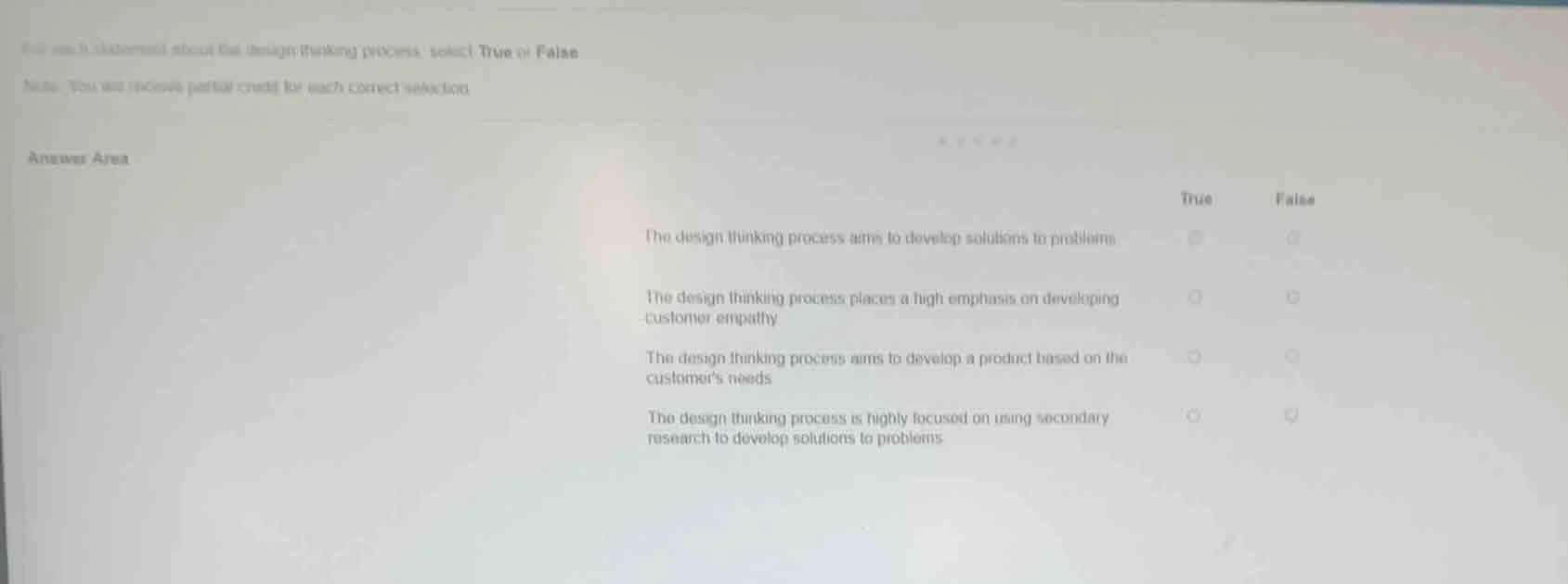 for each statement about the design thinking process, select true or fa…