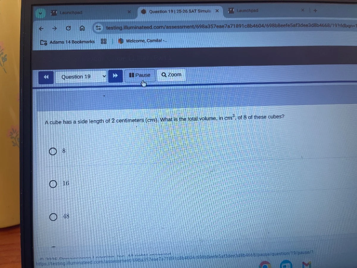 a cube has a side length of 2 centimeters (cm). what is the total volum…