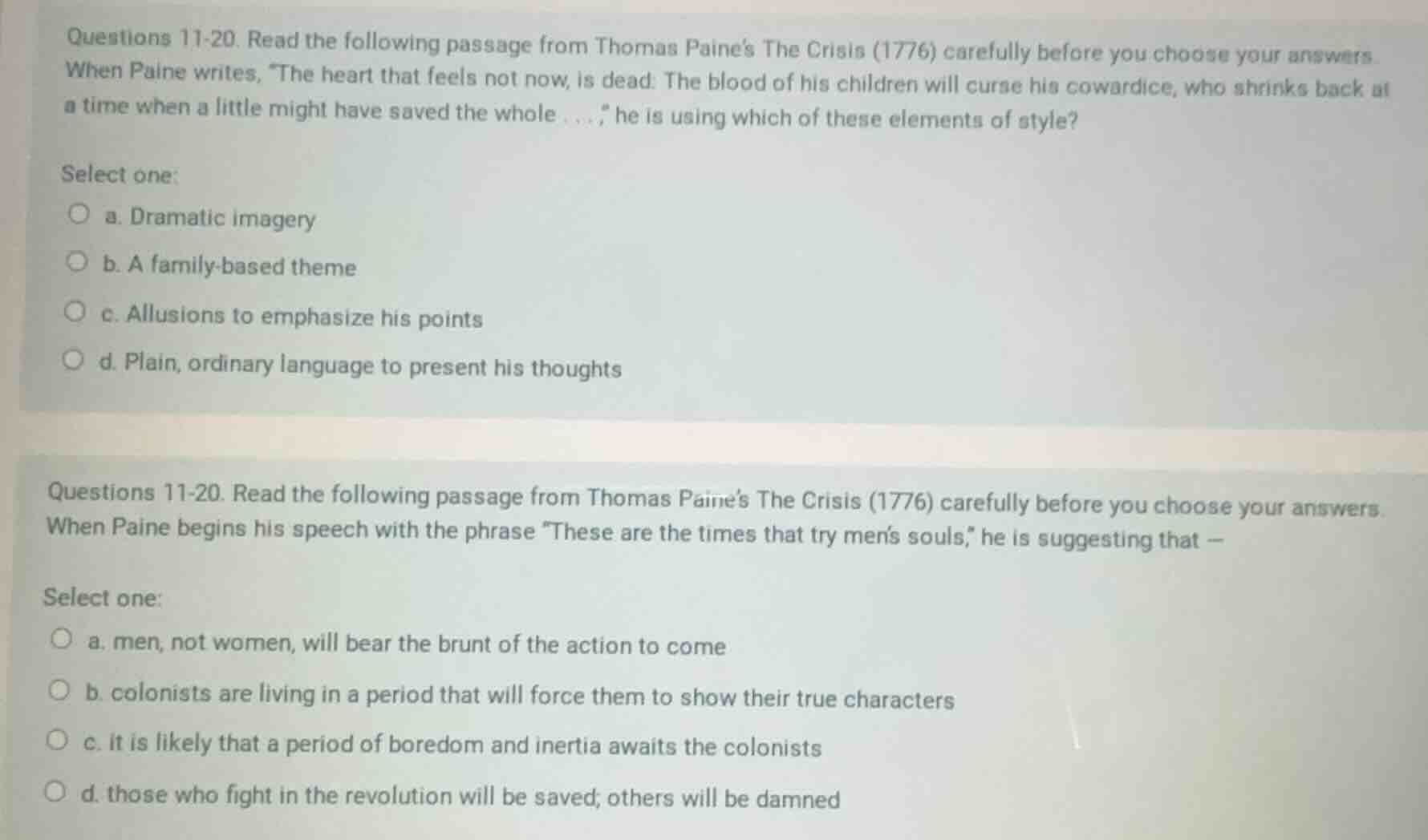 questions 11-20. read the following passage from thomas paines the cris…