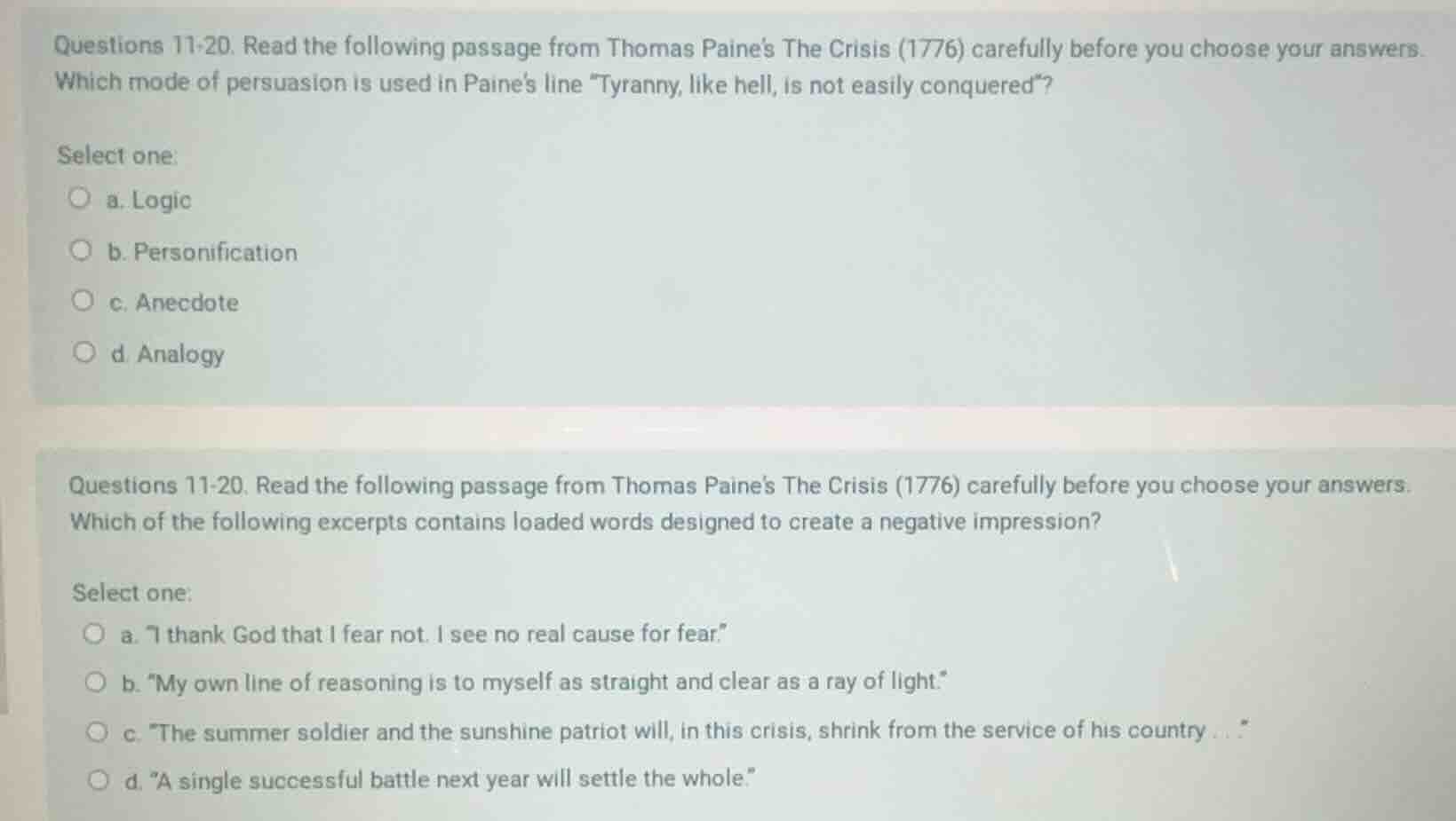 questions 11-20. read the following passage from thomas paines the cris…