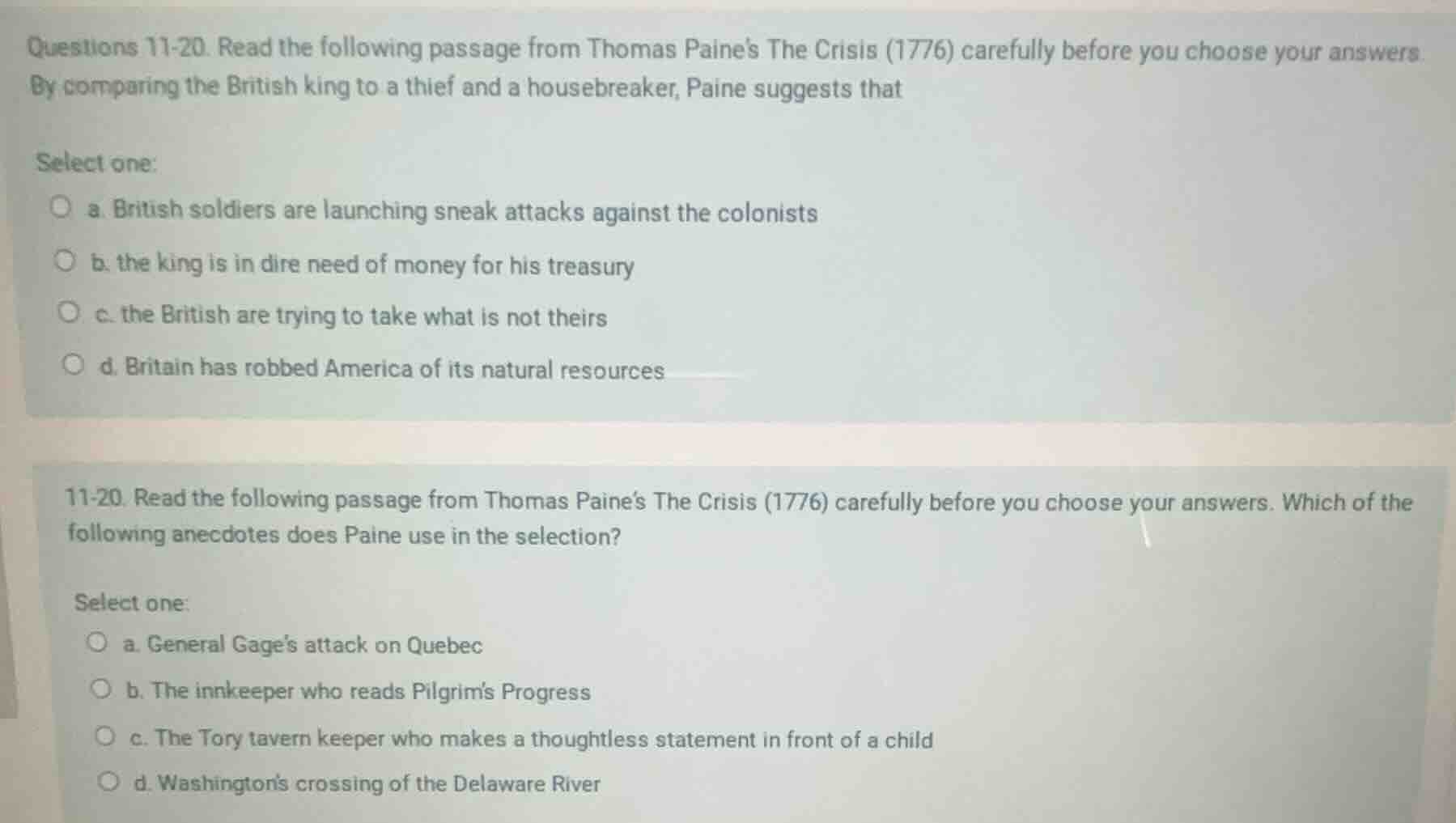 questions 11-20. read the following passage from thomas paines the cris…