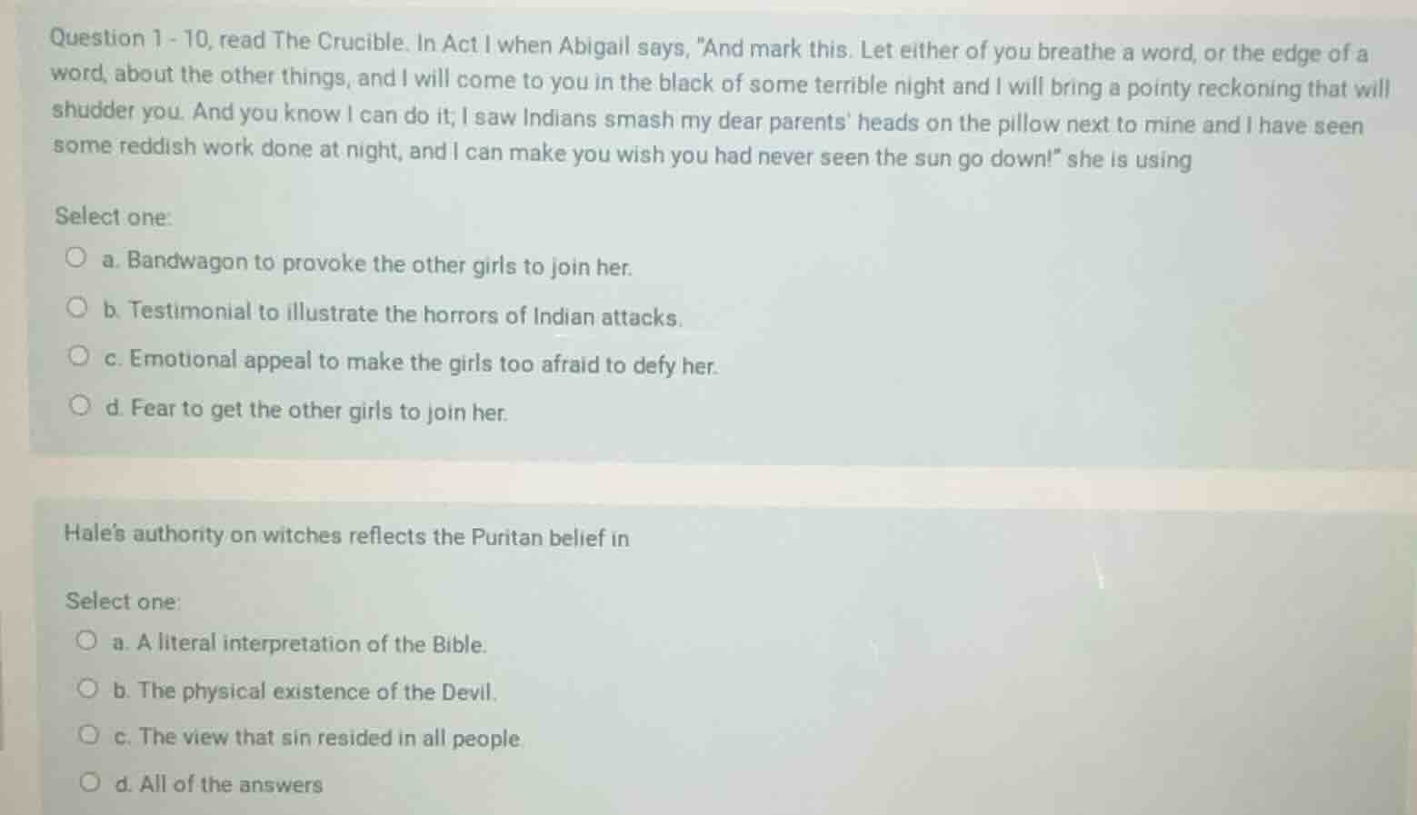 question 1 - 10, read the crucible. in act i when abigail says, \and ma…