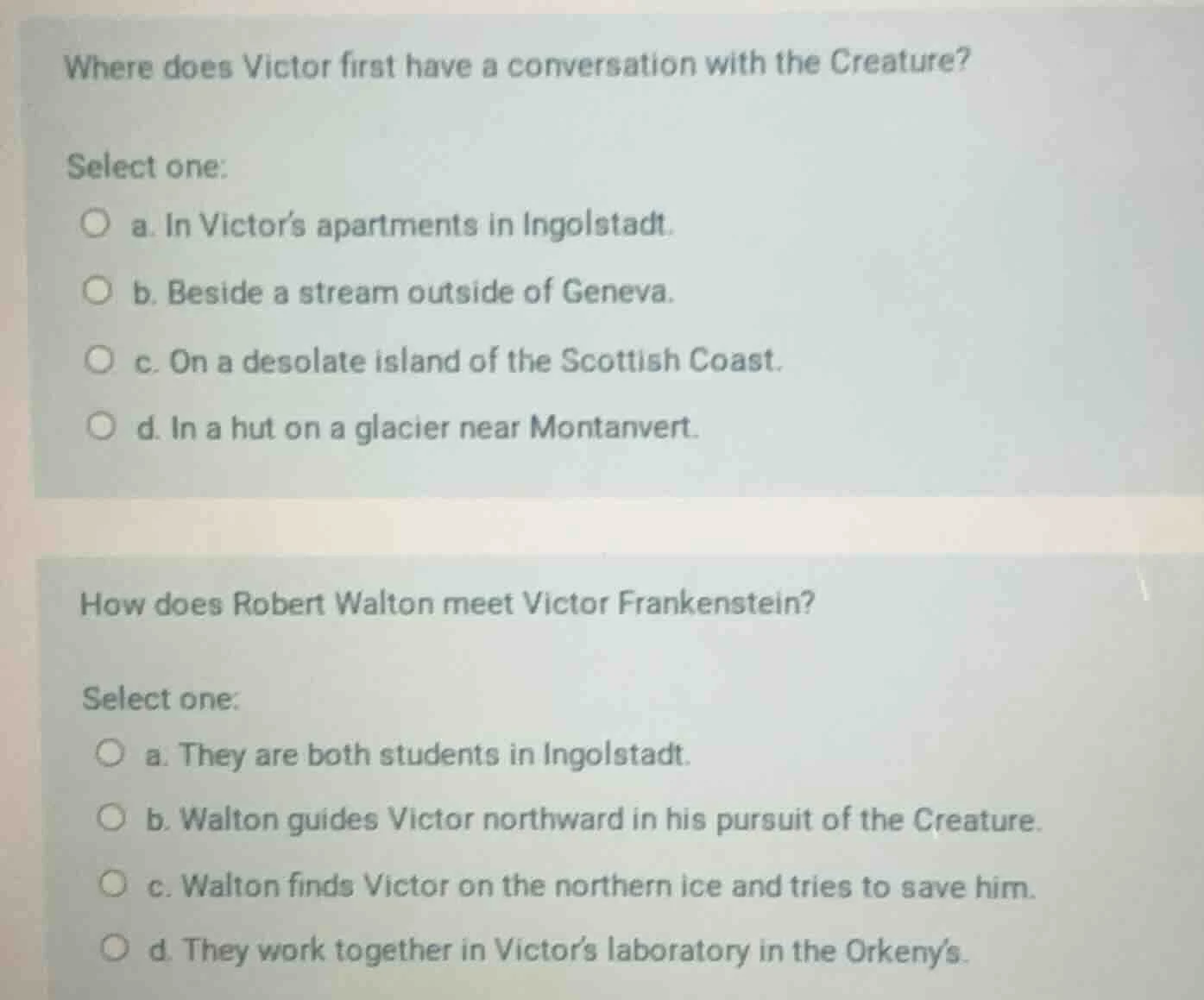 where does victor first have a conversation with the creature? select o…