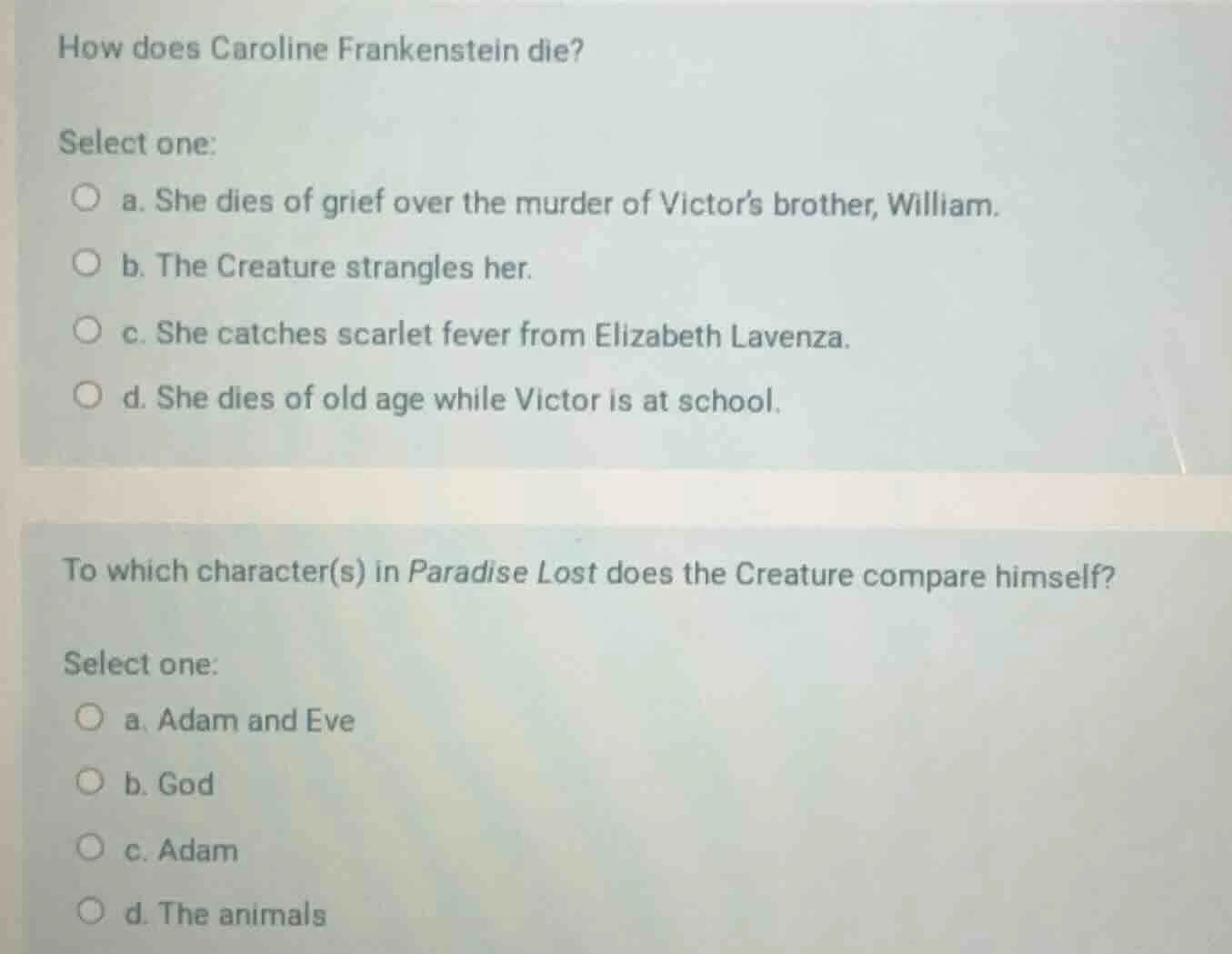 how does caroline frankenstein die? select one: a. she dies of grief ov…