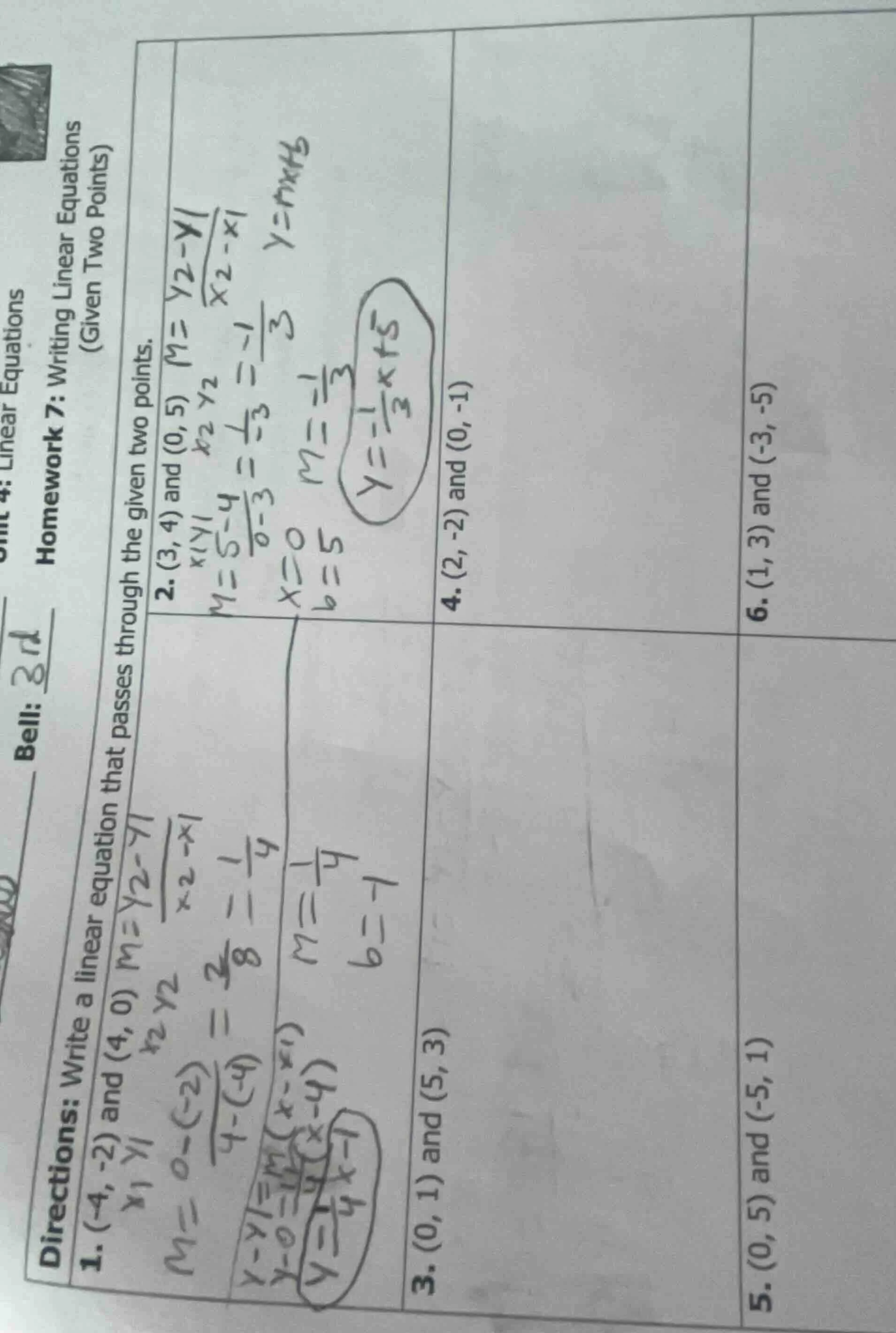 unit 4: linear equations bell: 3rd homework 7: writing linear equations…