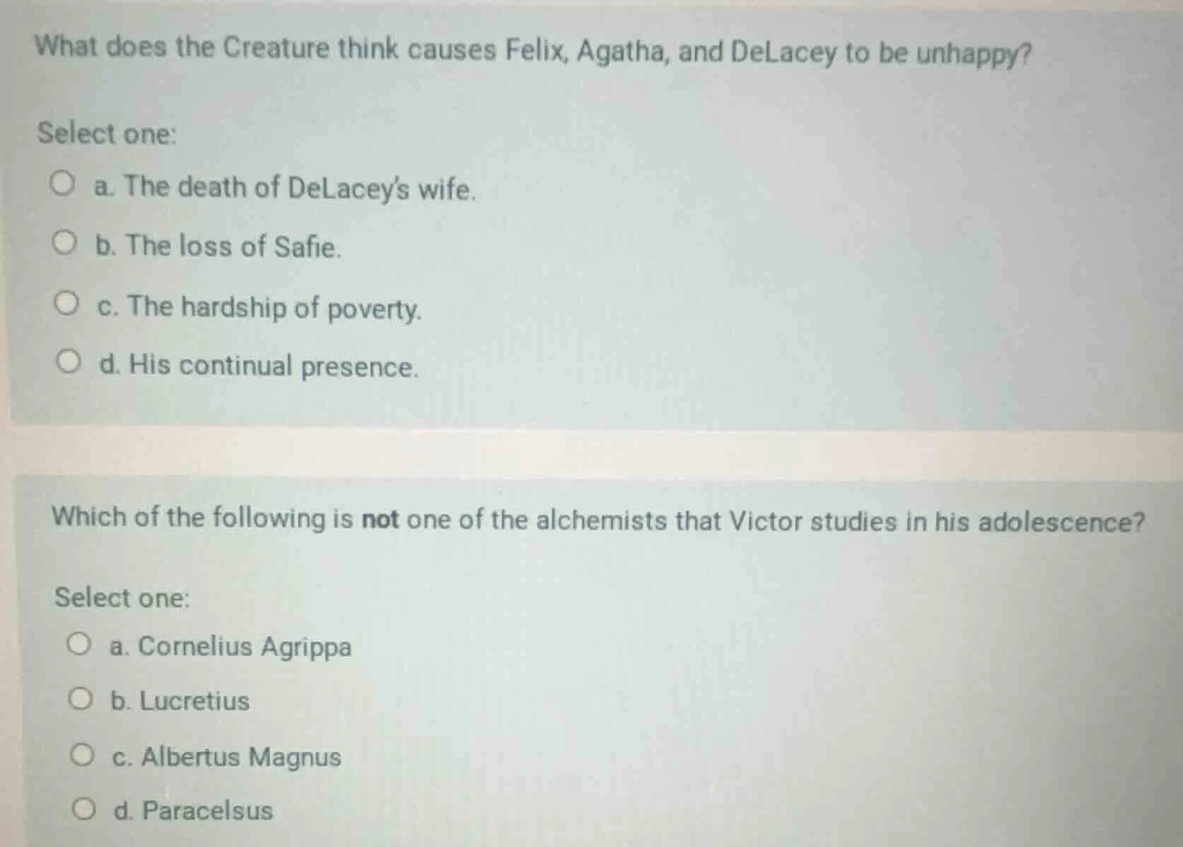 what does the creature think causes felix, agatha, and delacey to be un…