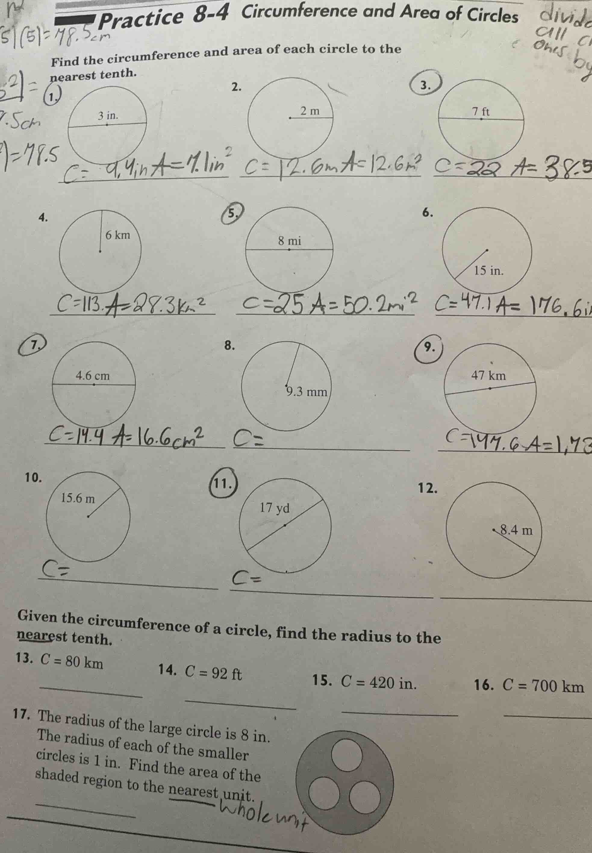 practice 8-4 circumference and area of circles find the circumference a…