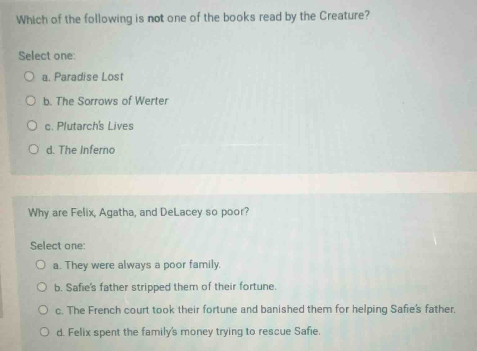 which of the following is not one of the books read by the creature? se…