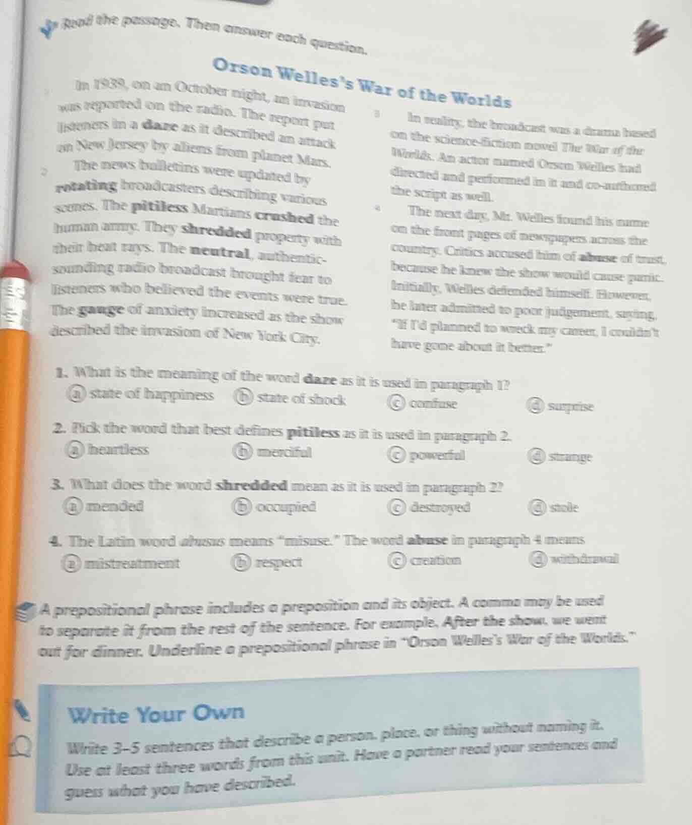 read the passage. then answer each question. orson welless war of the w…