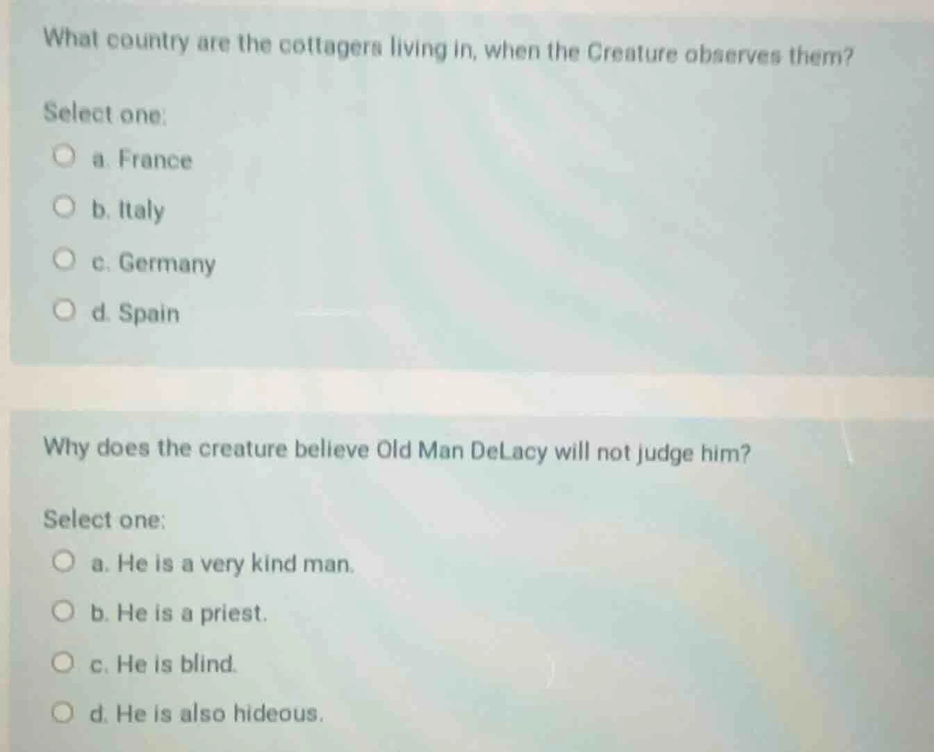 what country are the cottagers living in, when the creature observes th…