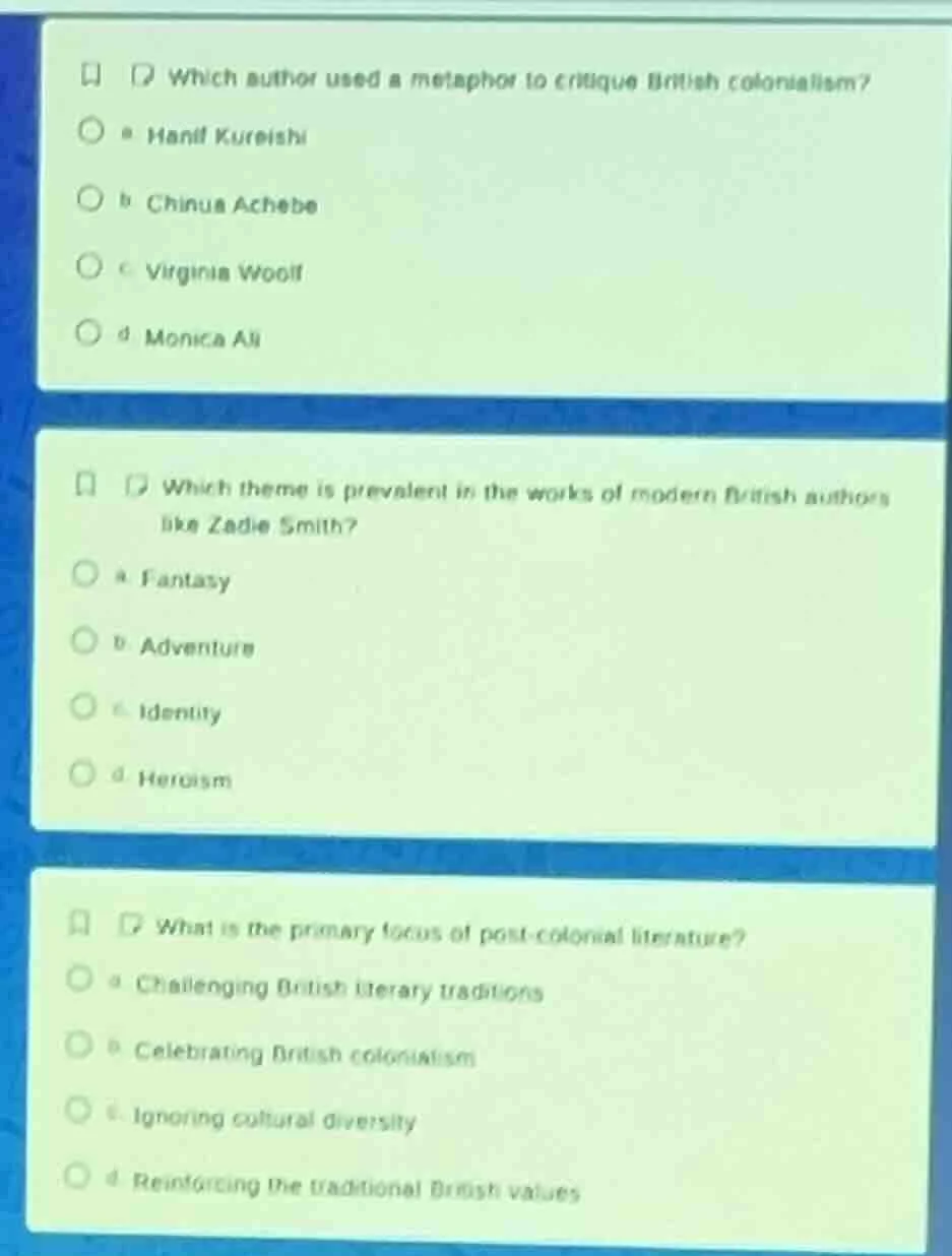 1. which author used a metaphor to critique british colonialism? a. han…