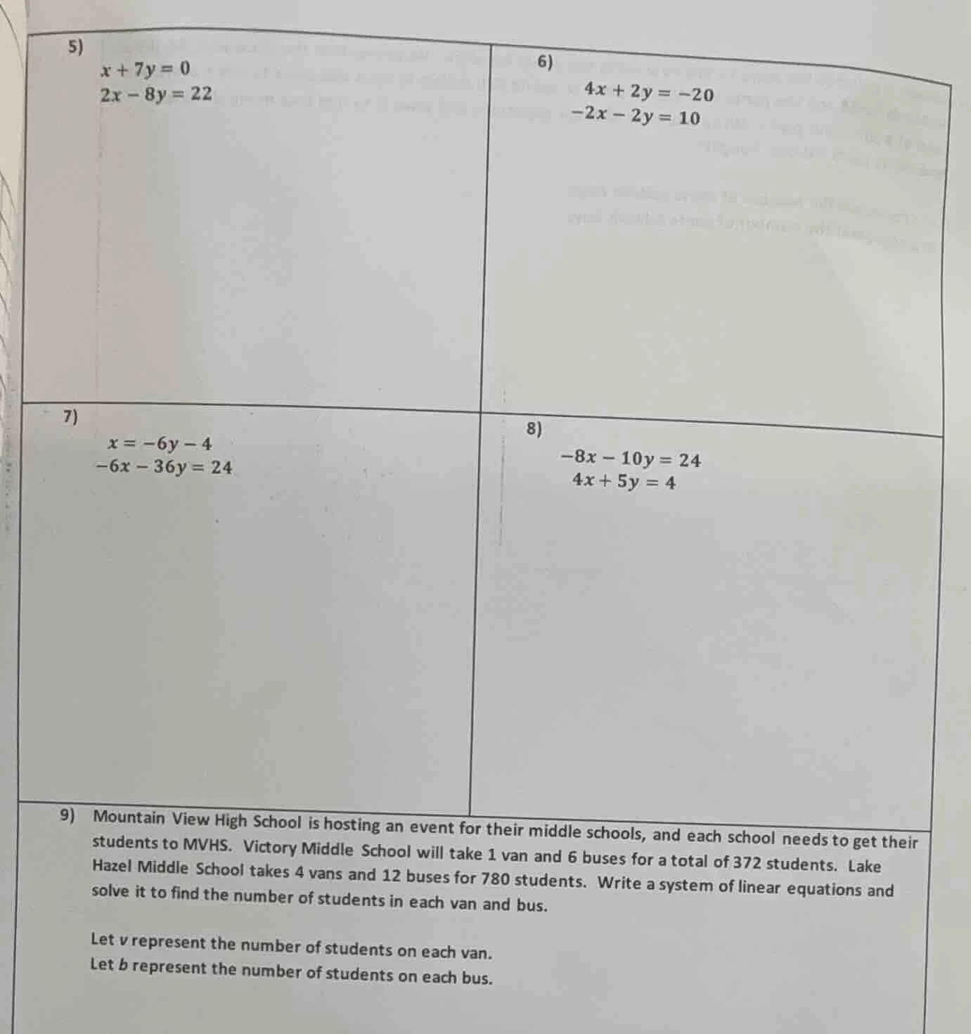 5) $x + 7y = 0$ $2x - 8y = 22$ 6) $4x + 2y = -20$ $-2x - 2y = 10$ 7) $x…