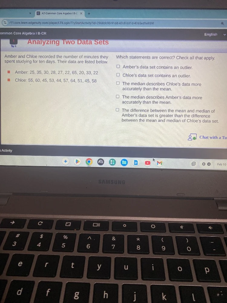 analyzing two data sets amber and chloe recorded the number of minutes …