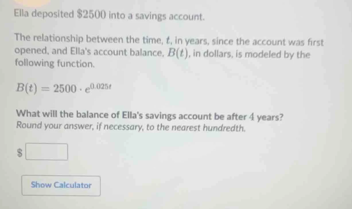 ella deposited $2500 into a savings account. the relationship between t…