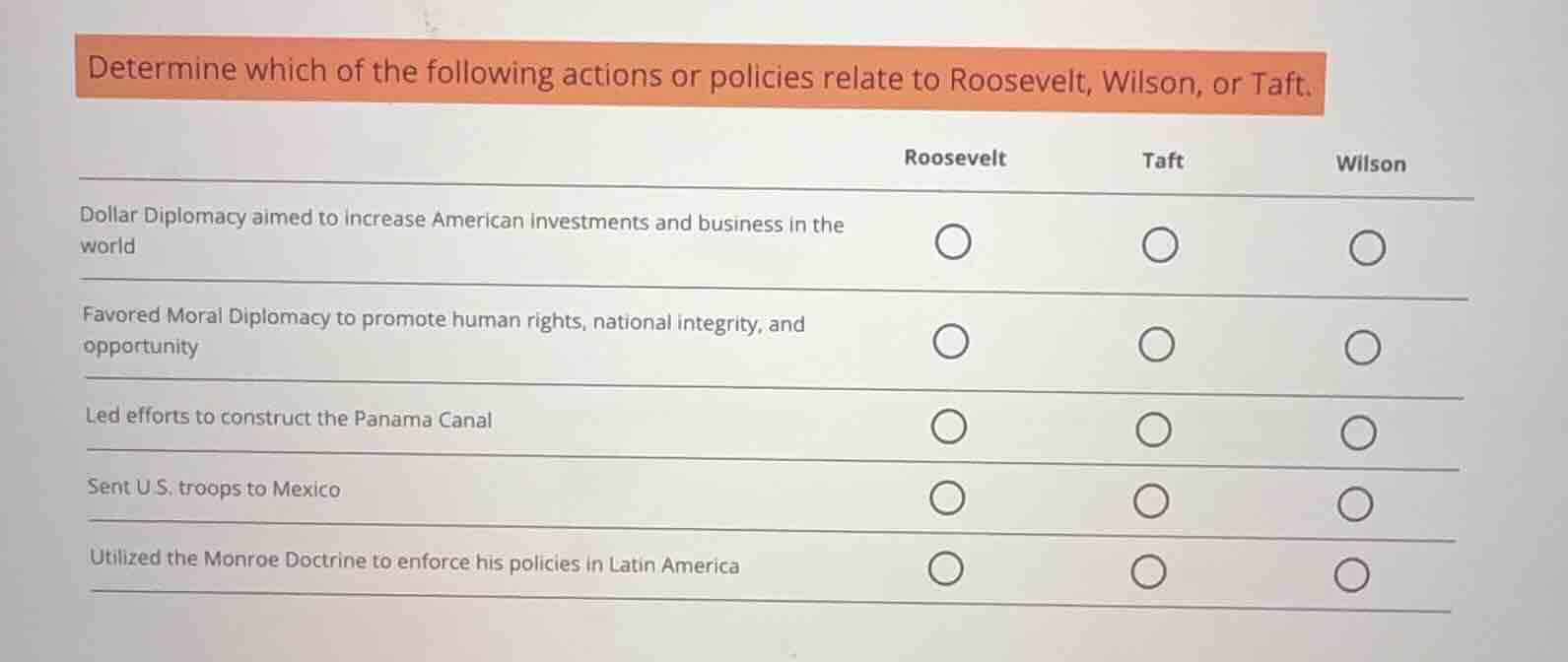 determine which of the following actions or policies relate to roosevel…