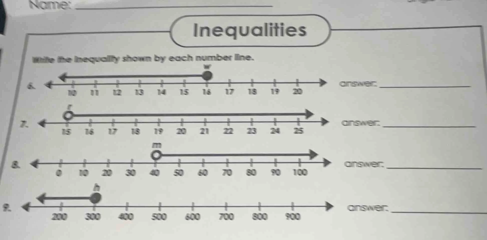 name: _______ inequalities write the inequality shown by each number li…