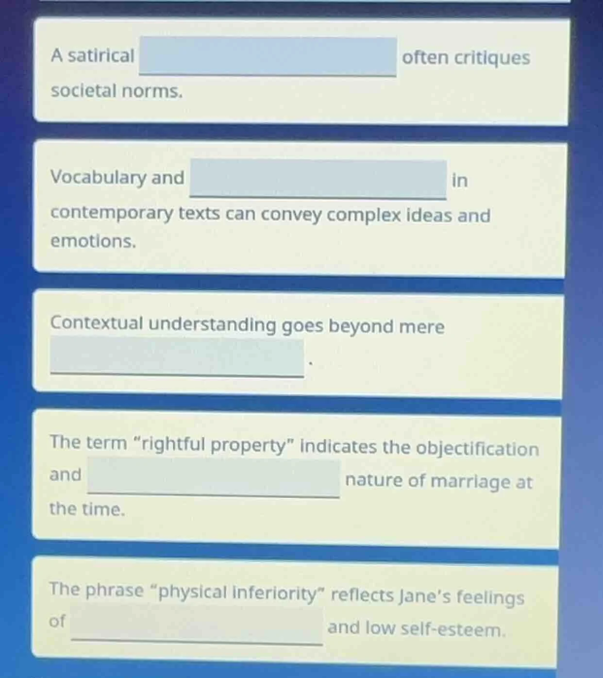 a satirical □ often critiques societal norms. vocabulary and □ in conte…