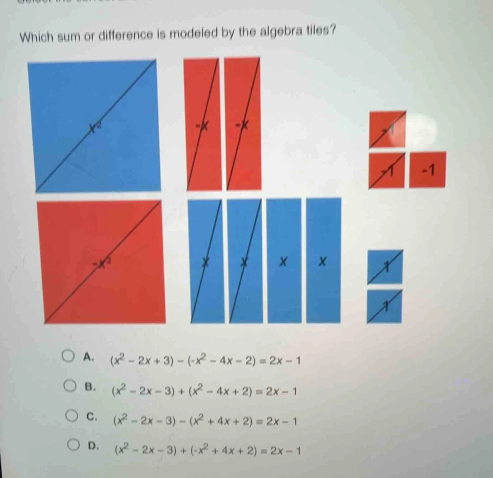 which sum or difference is modeled by the algebra tiles? a. $(x^{2}-2x+…