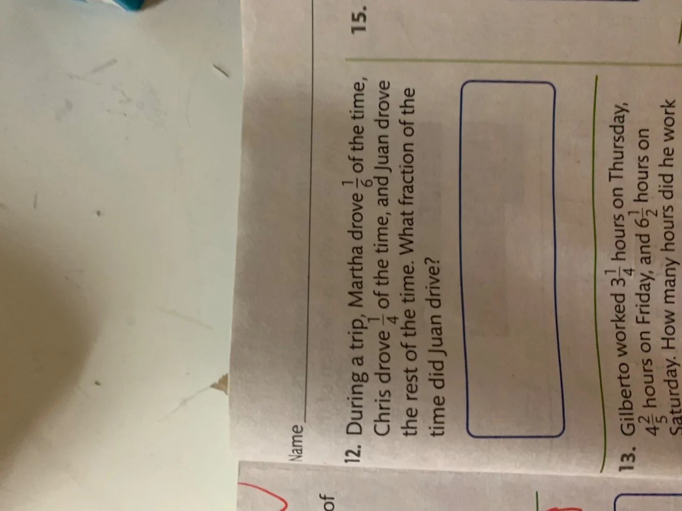 name 12. during a trip, martha drove $\frac{1}{6}$ of the time, chris d…