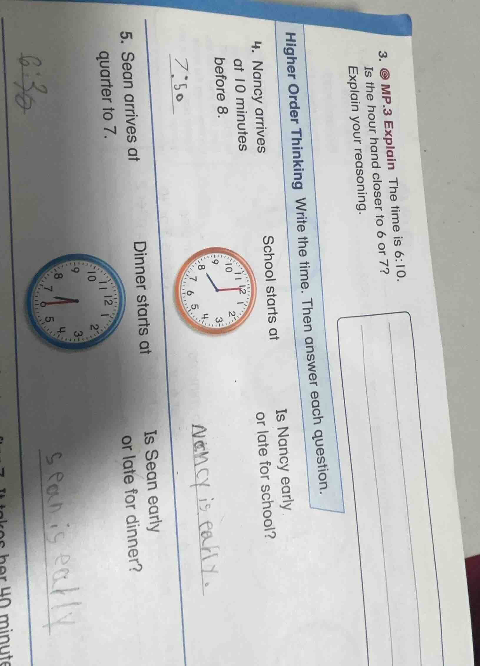 higher order thinking write the time. then answer each question. 3. © m…