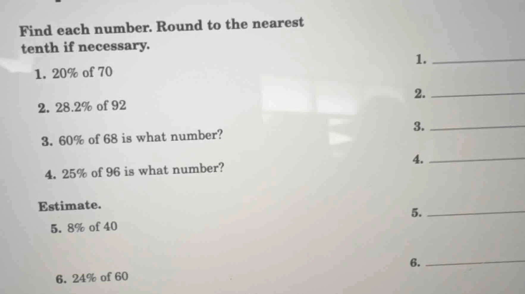 find each number. round to the nearest tenth if necessary. 1. 20% of 70…