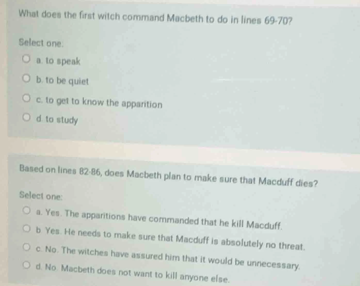 what does the first witch command macbeth to do in lines 69-70? select …