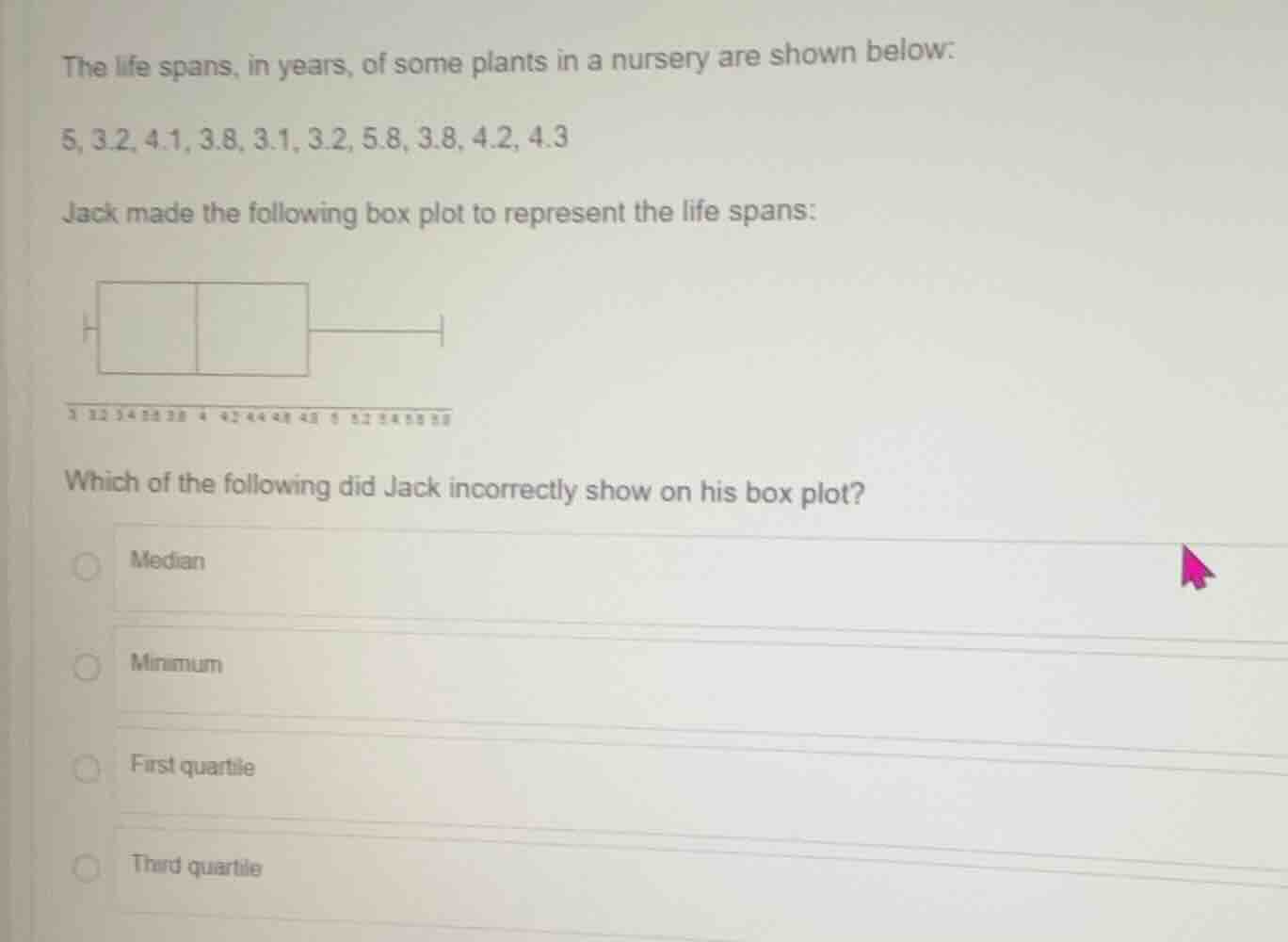 the life spans, in years, of some plants in a nursery are shown below: …