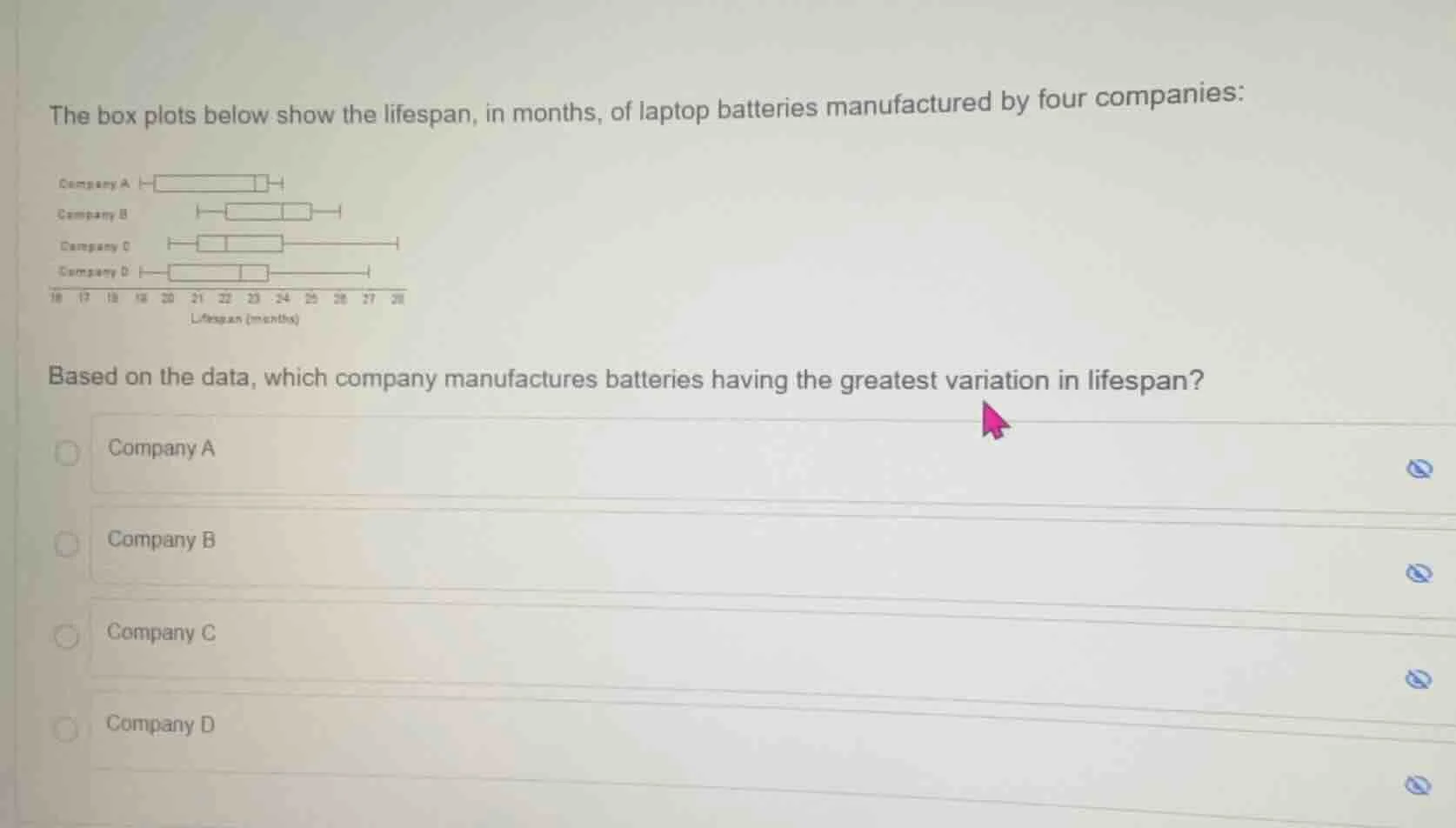 the box plots below show the lifespan, in months, of laptop batteries m…