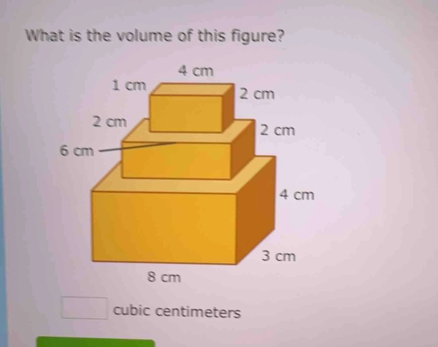 what is the volume of this figure? 4 cm 1 cm 2 cm 2 cm 2 cm 6 cm 4 cm 3…