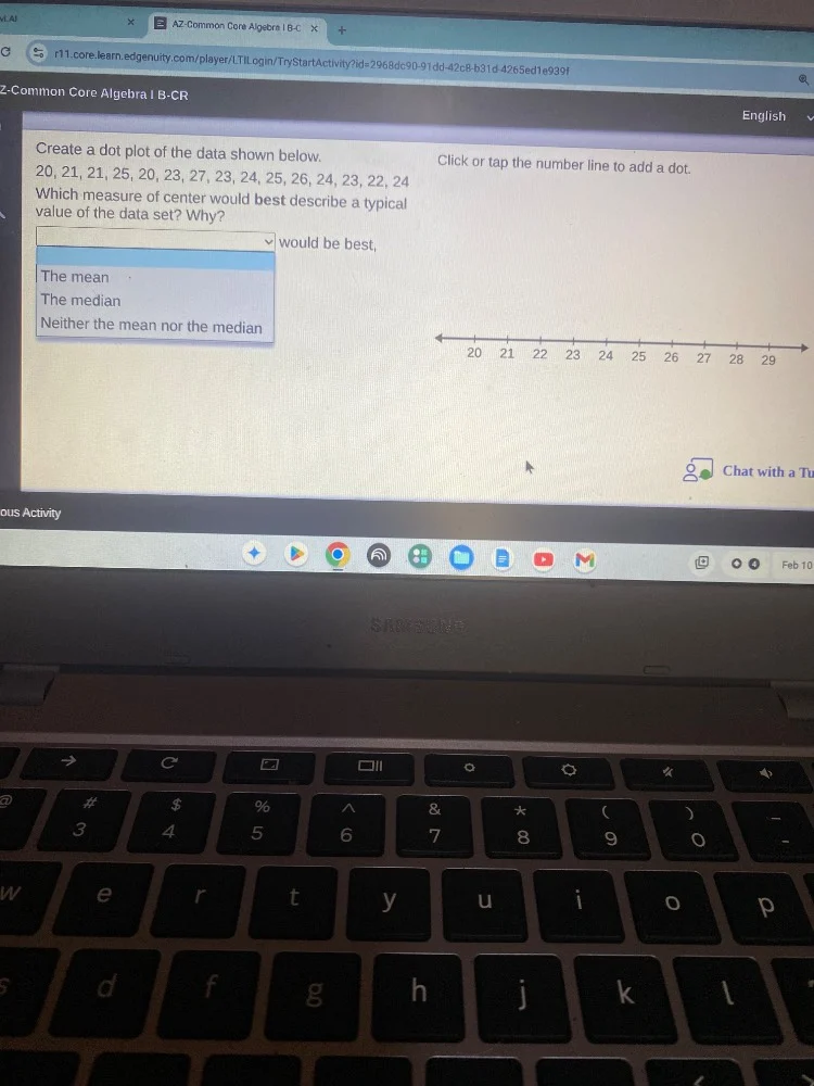 create a dot plot of the data shown below.20, 21, 21, 25, 20, 23, 27, 2…