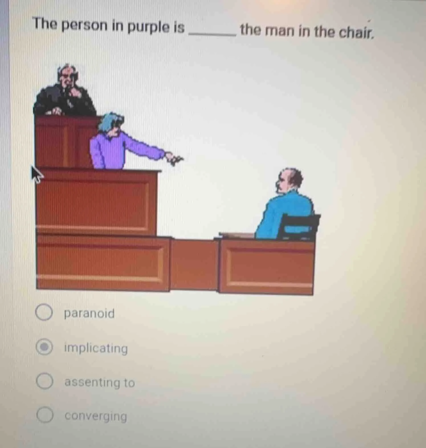 the person in purple is ______ the man in the chair. paranoid implicati…