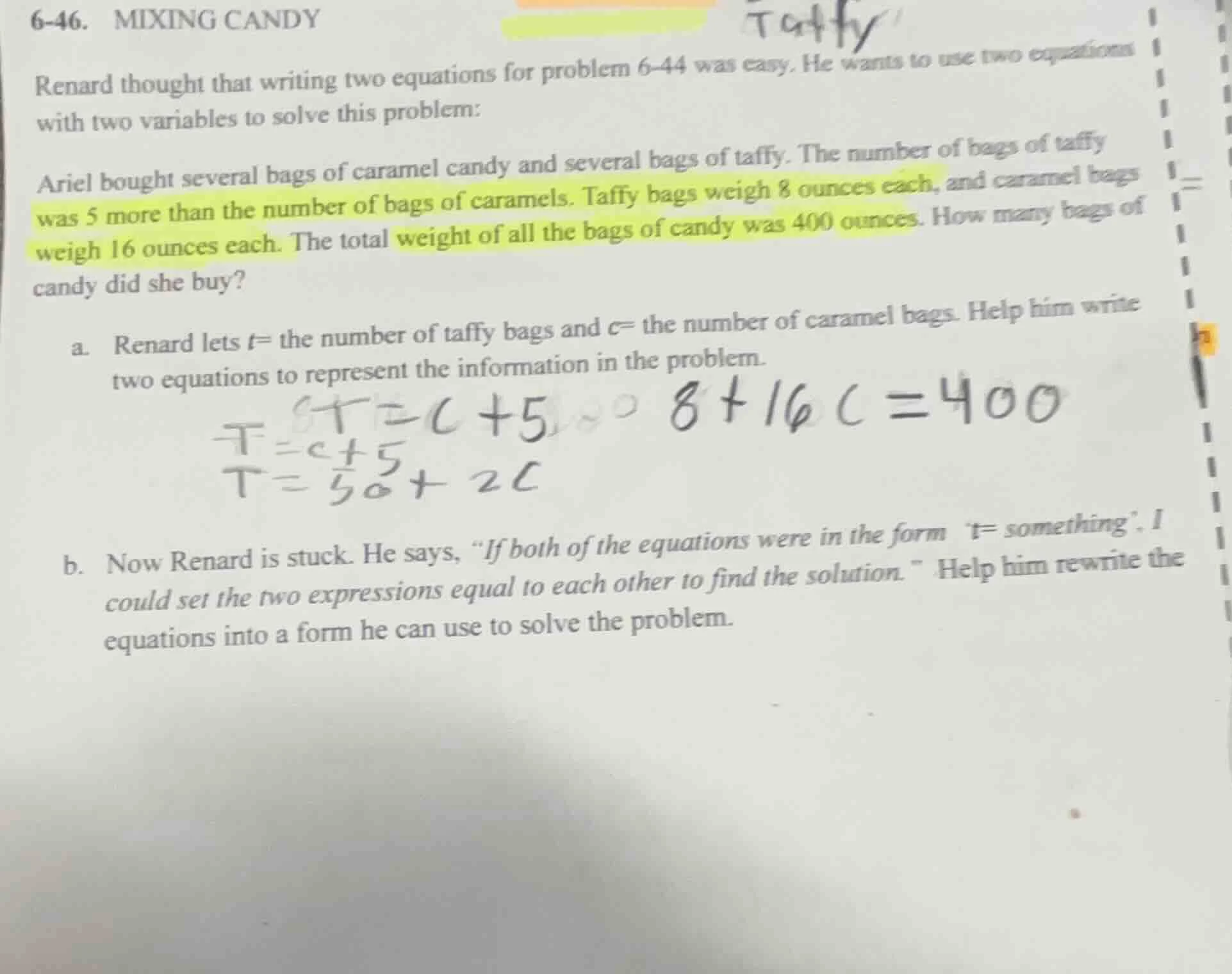 6-46. mixing candy renard thought that writing two equations for proble…