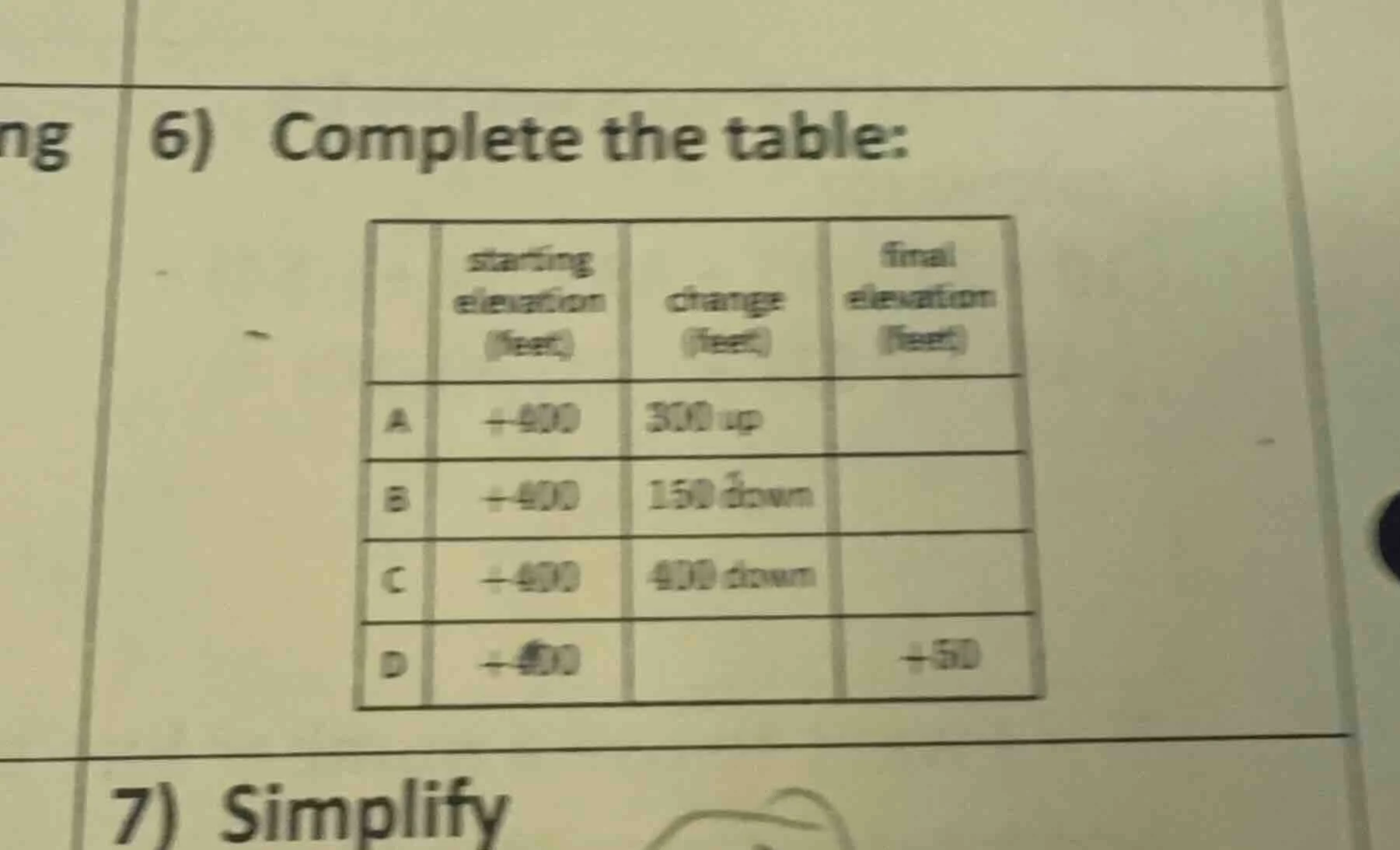 6) complete the table: 7) simplify
