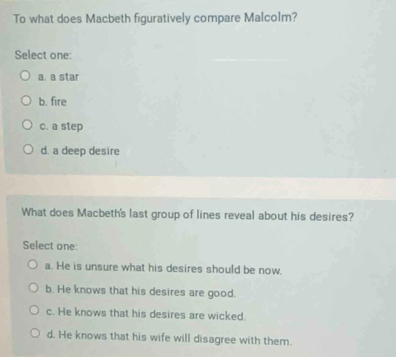 to what does macbeth figuratively compare malcolm? select one: a. a sta…