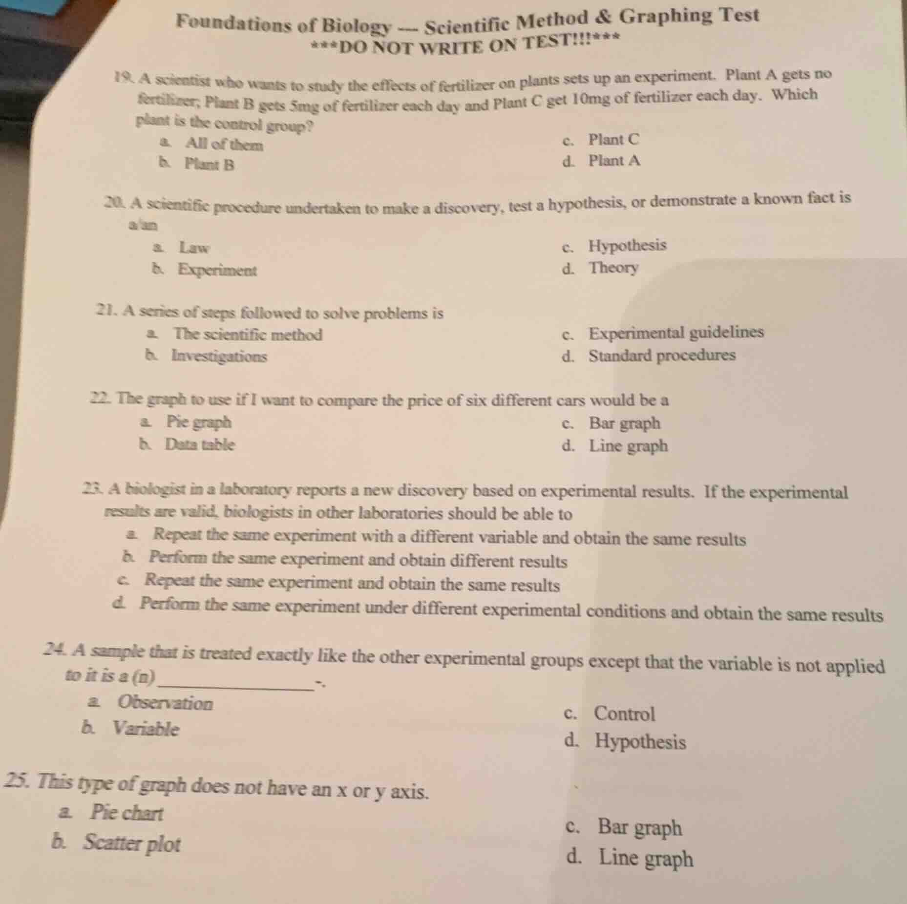 foundations of biology --- scientific method & graphing test ***do not …
