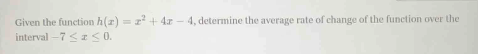 given the function $h(x) = x^2 + 4x - 4$, determine the average rate of…