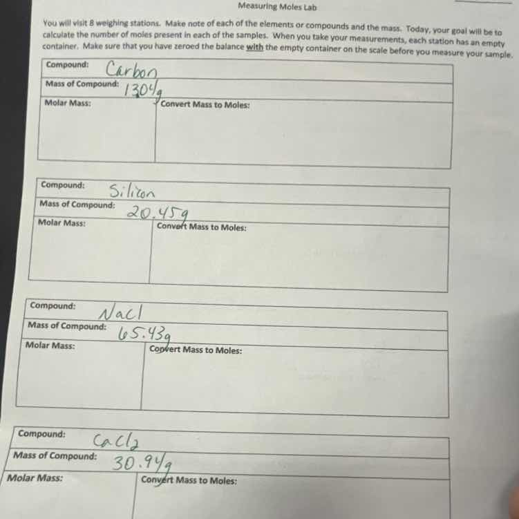 measuring moles lab you will visit 8 weighing stations. make note of ea…