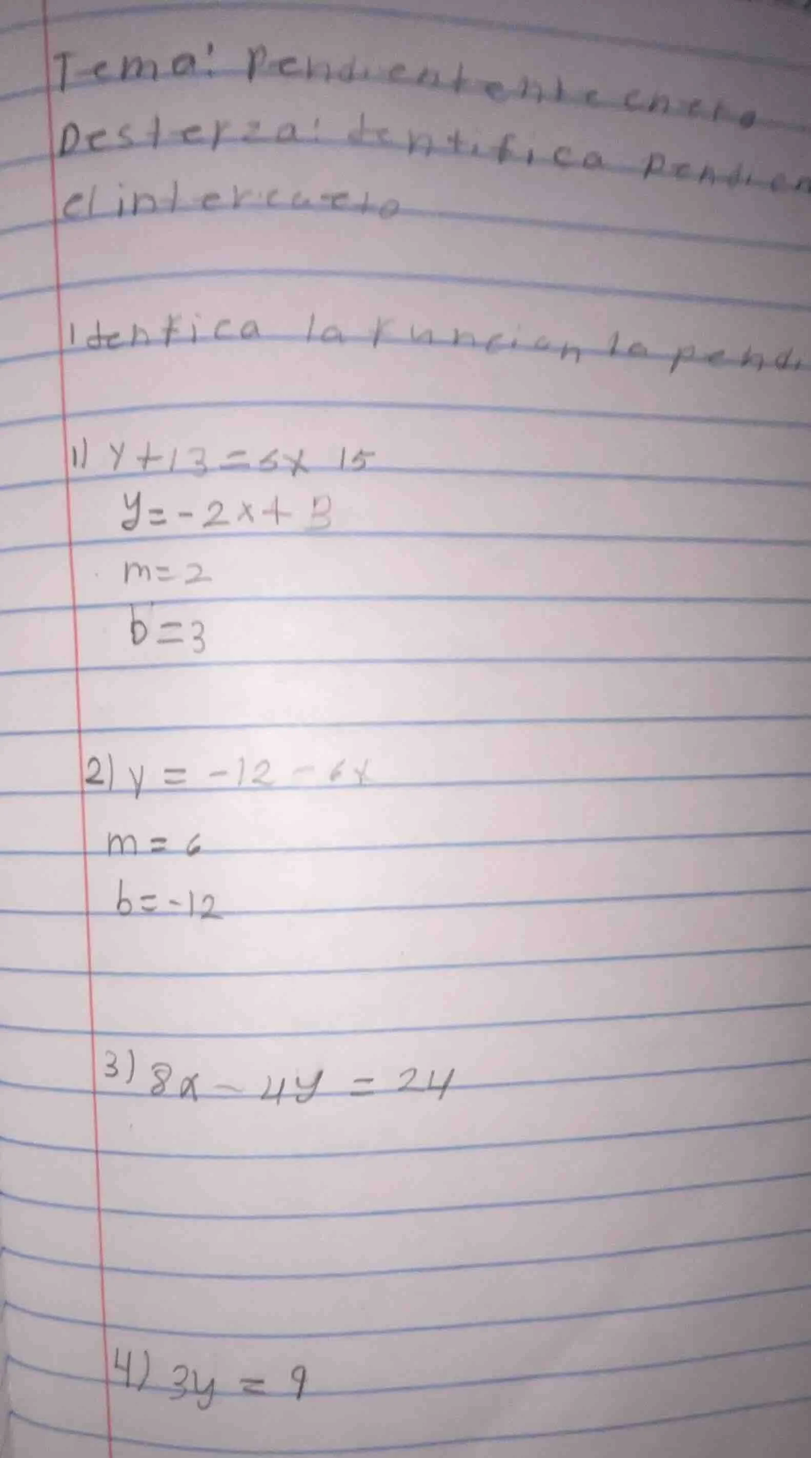 tema: pendiente en recta destreza: identifica pendien el intercepto ide…