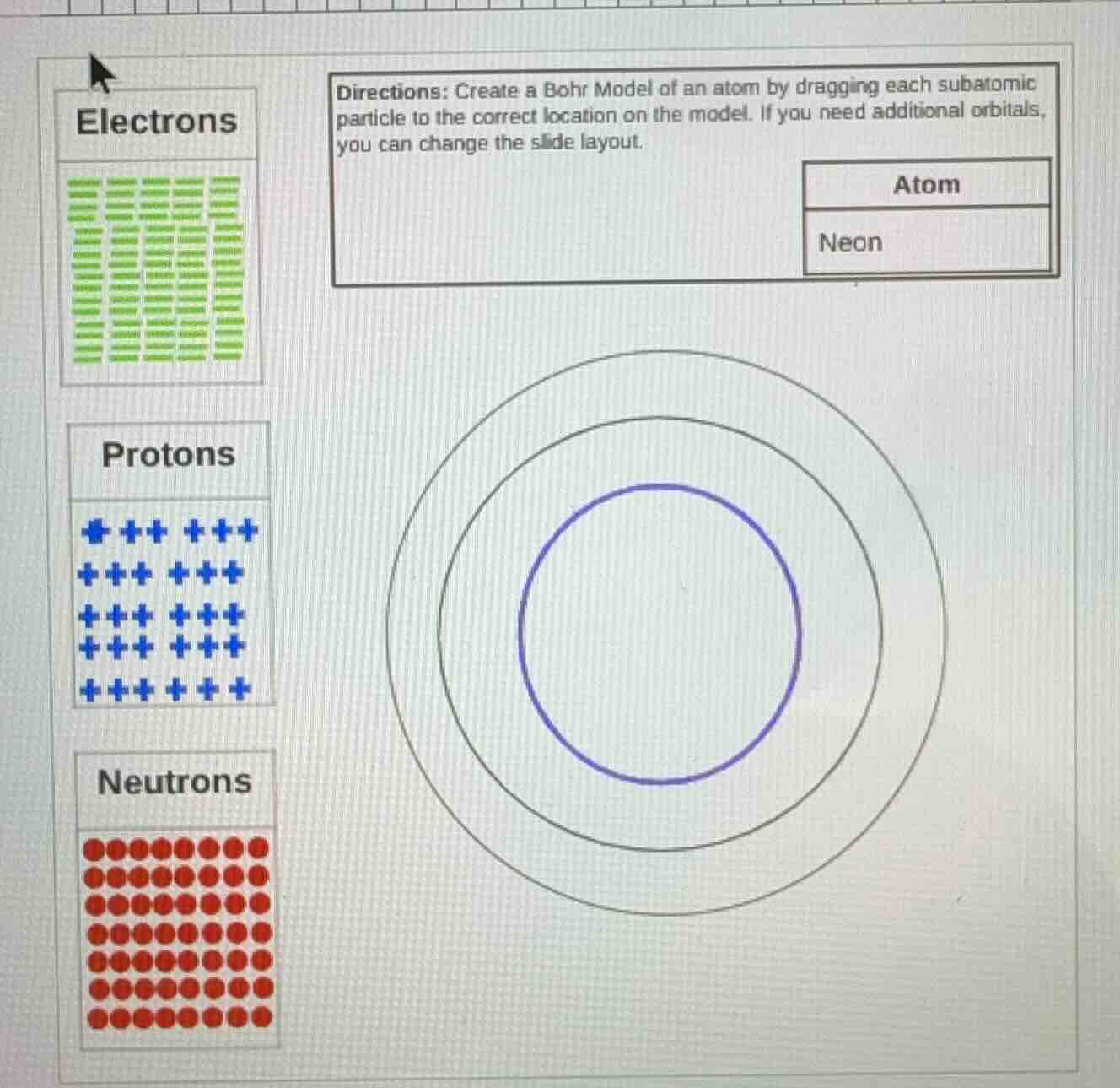 directions: create a bohr model of an atom by dragging each subatomic p…