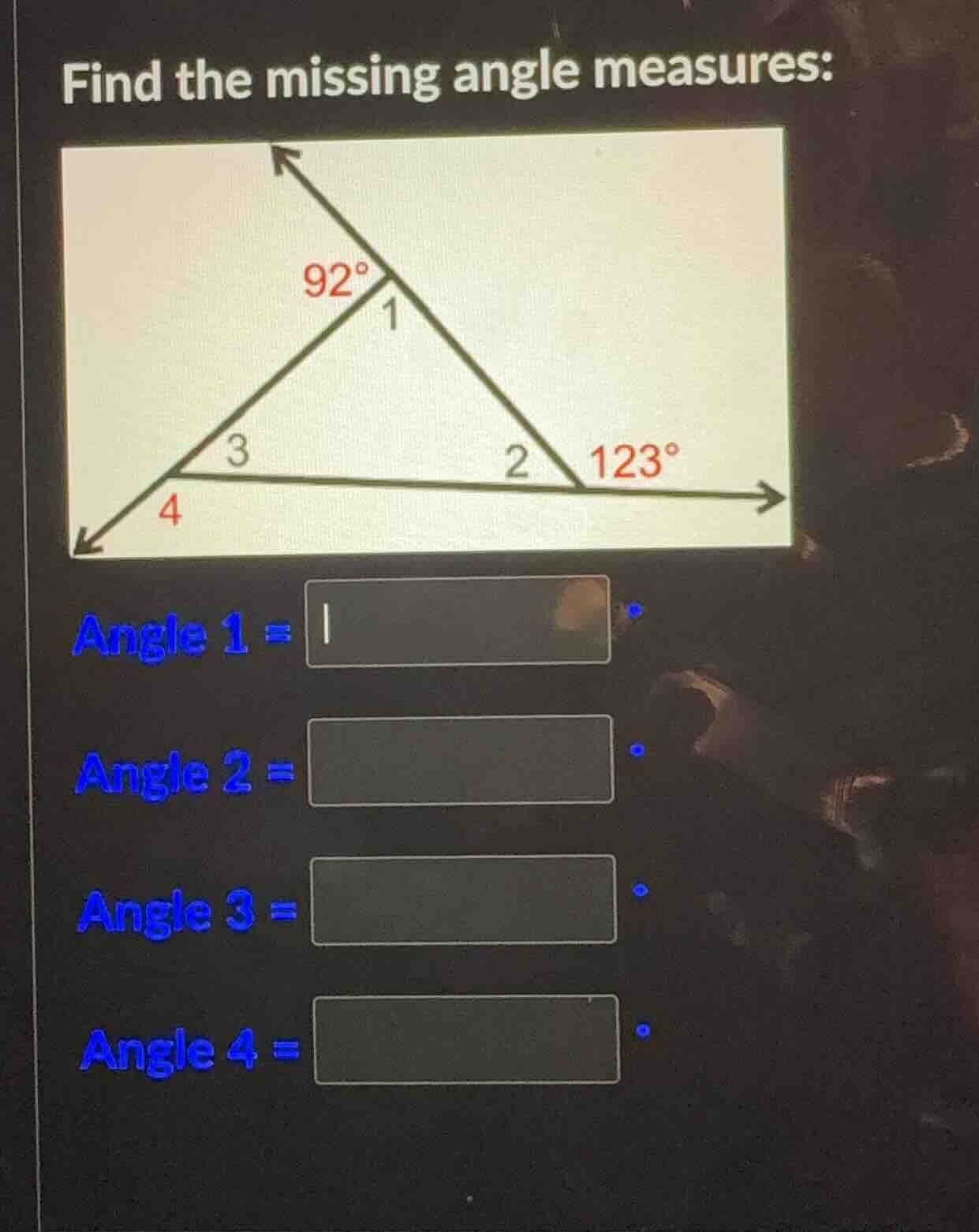 find the missing angle measures: angle 1 = angle 2 = angle 3 = angle 4 =