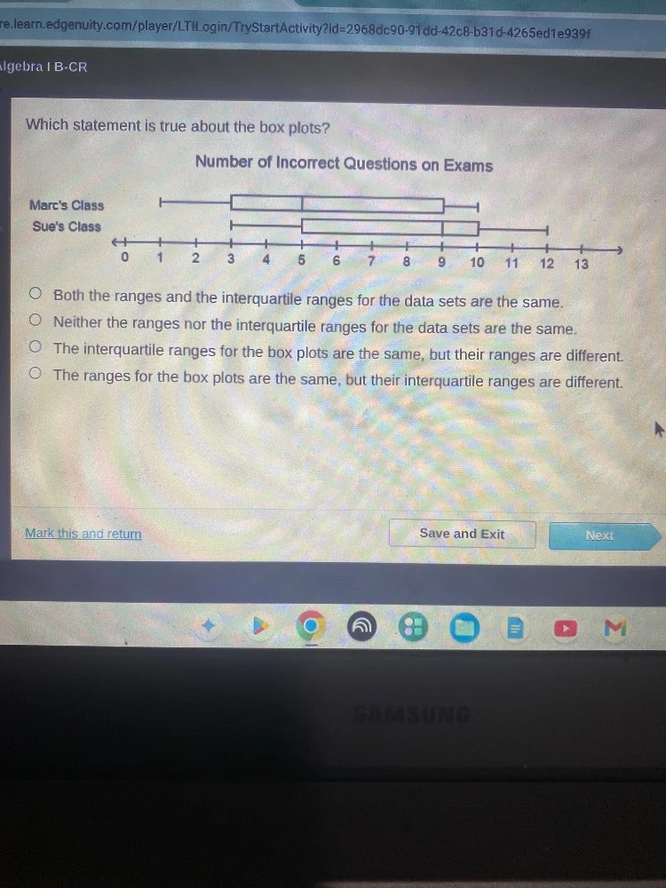 algebra i b-cr which statement is true about the box plots? number of i…