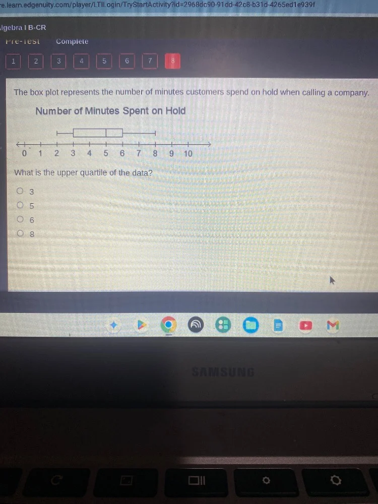 algebra i b-cr pre-test complete 1 2 3 4 5 6 7 8 the box plot represent…