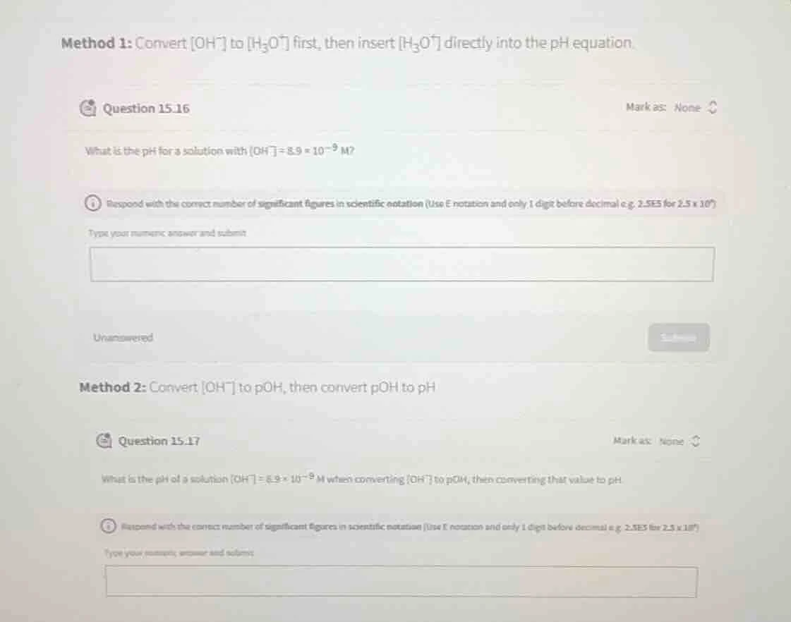 method 1: convert $oh^-$ to $h_3o^+$ first, then insert $h_3o^+$ direct…